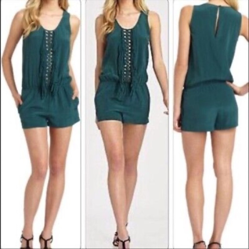 BCBGMaxAzria Boden Green Fringe Romper 100% Silk